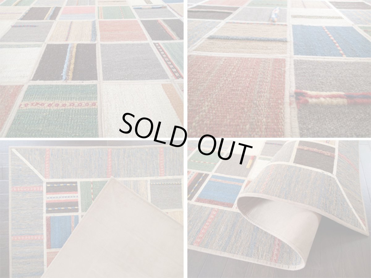 画像4: ペルシャ ギャッベ キリム ジャジム パッチワーク センター ラグ サイズ 196 × 157 cm 5376 天然 ウール 敷物 マット カーペット 青 茶 カラフル (4)