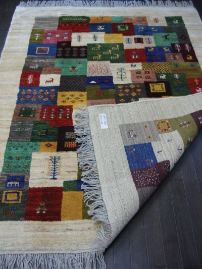 画像1: ペルシャ ギャッベ リビング サイズ 205 x 162 cm F151 ハンドメイド 天然 ウール 手織り ラグ 絨毯 カーペット マルチ カラー クリーム