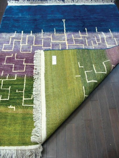画像1: ペルシャ ギャッベ リビング サイズ 203 x 162 cm F174 ハンドメイド 天然 ウール 手織り ラグ 絨毯 カーペット グラデーション 緑 青 紫