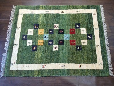 画像1: ペルシャ ギャッベ リビング サイズ 202 x 157 cm F132 ハンドメイド ギャベ 天然 ウール 手織り ラグ マット 絨毯 カーペット 緑 クリーム カラフル
