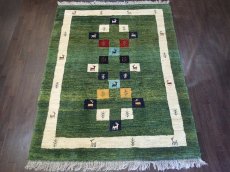 画像1: ペルシャ ギャッベ リビング サイズ 202 x 157 cm F132 ハンドメイド ギャベ 天然 ウール 手織り ラグ マット 絨毯 カーペット 緑 クリーム カラフル (1)