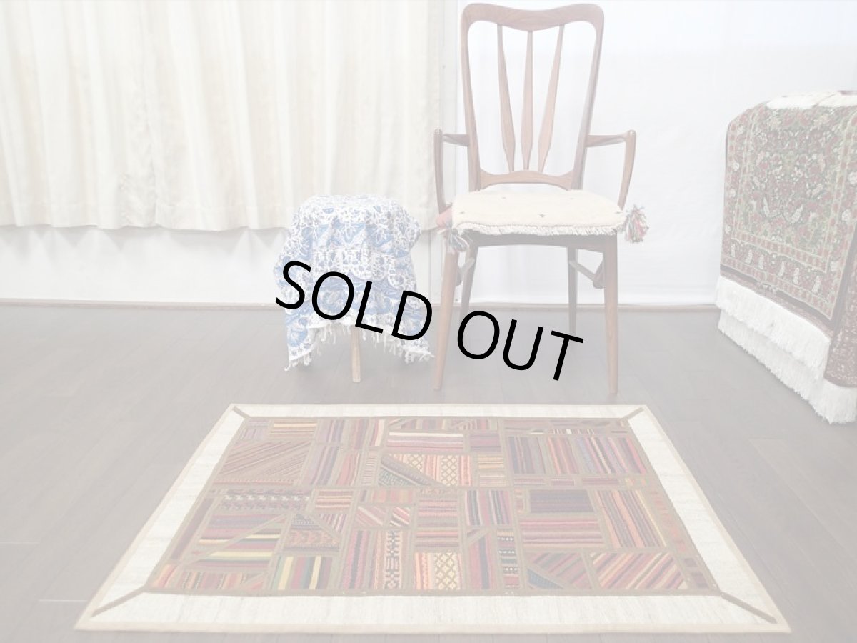 画像3: ペルシャ キリム ジャジーム パッチワーク ラグ アクセント サイズ 102 x 74 cm 5494 平織り 天然 ウール 絨毯 敷物 カーペット 玄関 マット ナチュラル クリーム マルチ カラー カラフル (3)