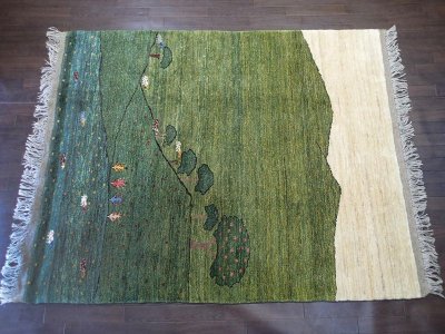 画像1: ペルシャ ギャッベ リビング サイズ  214 x 169 cm F170 ハンドメイド ギャベ 天然 ウール 手織り ラグ マット 絨毯 カーペット ナチュラル クリーム 緑