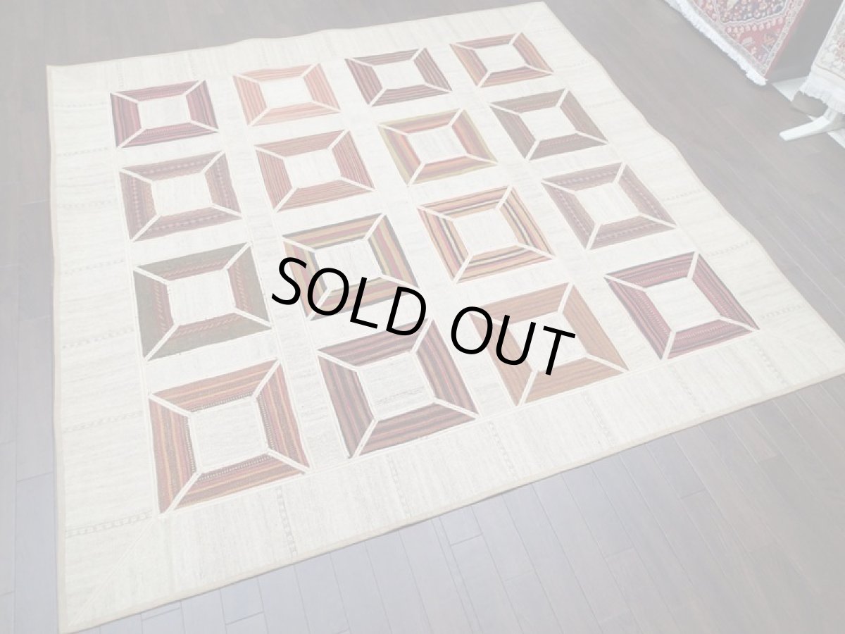 画像2: ペルシャ キリム ジャジム ギャッベ パッチワーク リビング ラグ サイズ 199 x 199 cm 5429 天然 ウール 敷物 マット カーペット ナチュラル クリーム 茶 (2)