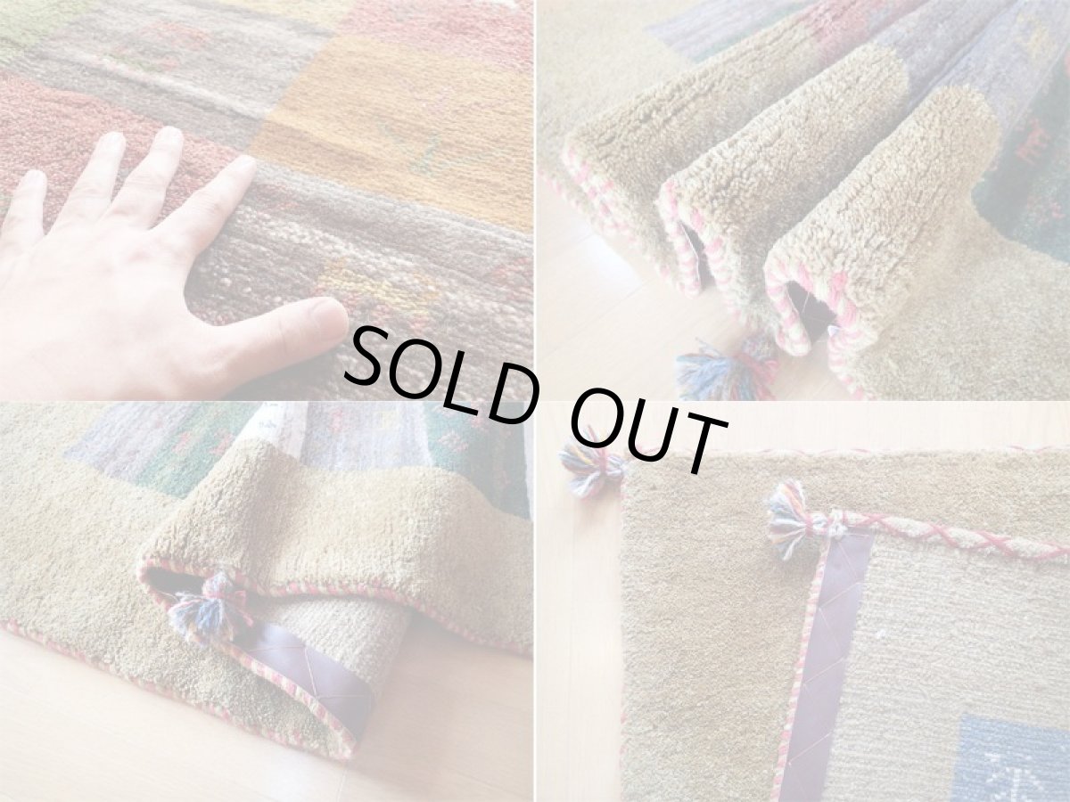 画像7: ペルシャ ギャッベ リビング サイズ ラグ 200x142 cm F14 ハンドメイド ギャベ 天然 ウール 手織り 絨毯 カーペット からし色 黄 カラフル 動物 木 柄 (7)