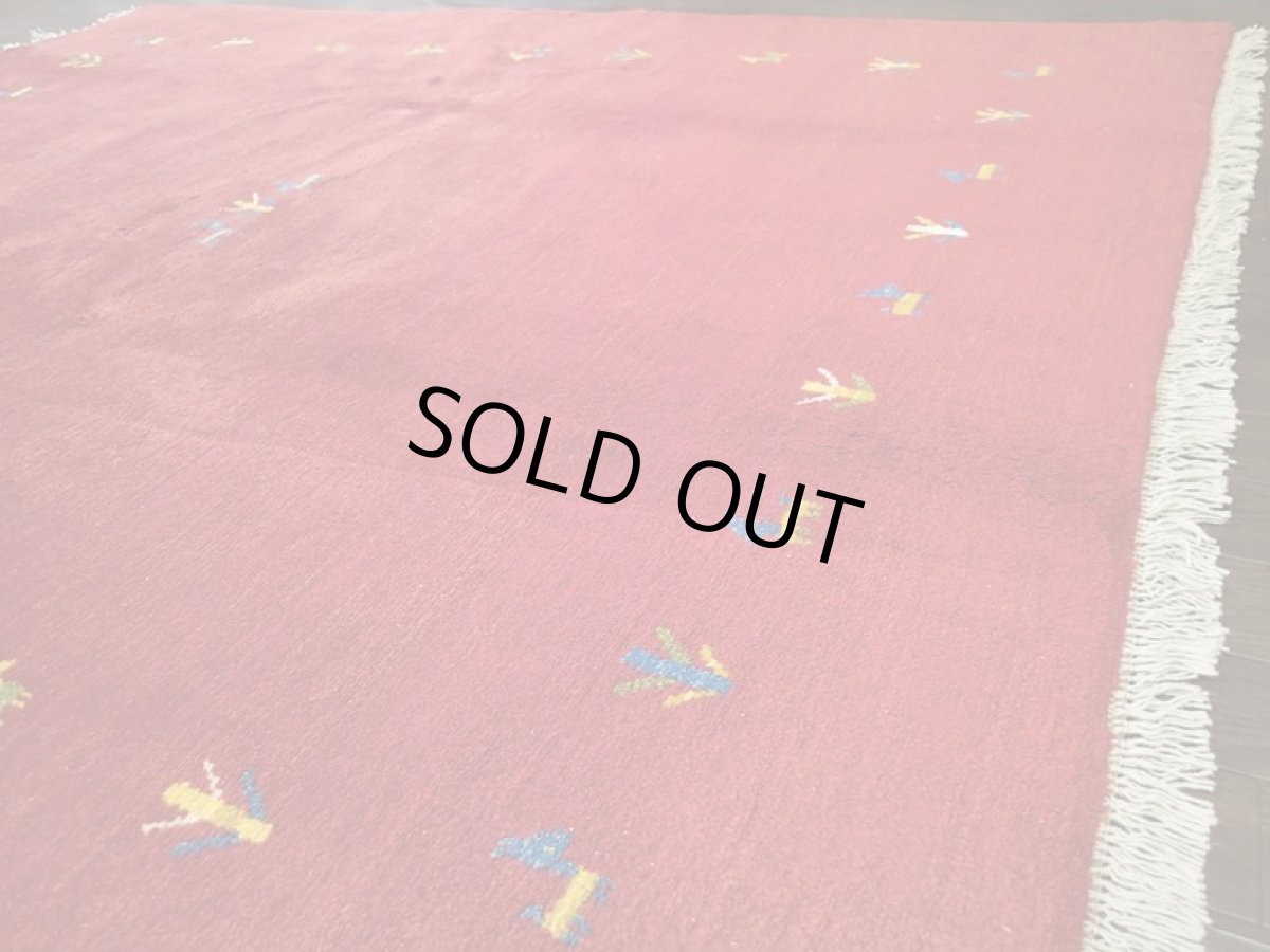 画像6: ペルシャ ギャッベ リビング 2m サイズ ラグ 200 x 157 cm 21 ハンドメイド ギャベ 天然 ウール 手織り 絨毯 カーペット エンジ ワインレッド 赤 シンプル 動物 柄 (6)