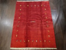 画像4: ペルシャ ギャッベ リビング 2m サイズ ラグ 200 x 157 cm 21 ハンドメイド ギャベ 天然 ウール 手織り 絨毯 カーペット エンジ ワインレッド 赤 シンプル 動物 柄 (4)