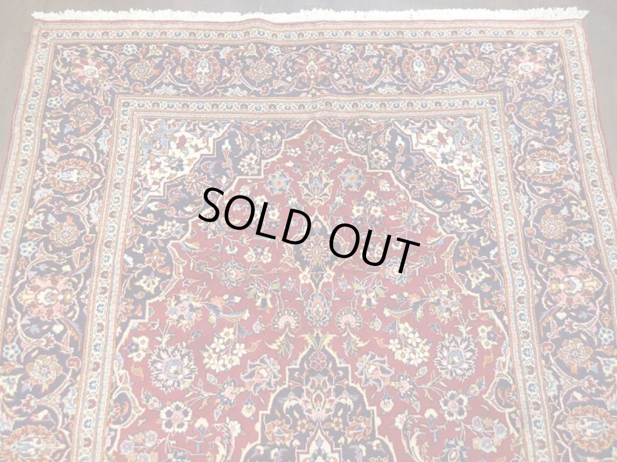 画像6: ペルシャ 絨毯 カシャーン 3m リビング ダイニング サイズ 312 x 198 cm 8 手織り 天然 ウール ラグ カーペット 赤 紺 トランジ ヘリス メダリオン 花柄 (6)