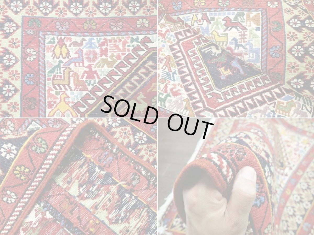 画像11: ペルシャ キリム グーチャン シルク ウール 1m 玄関 マット サイズ 100 x 82 cm 128 スマック 手織り トライバル ラグ 天然 ウール マット 絨毯 カーペット カラフル 動物 柄 (11)