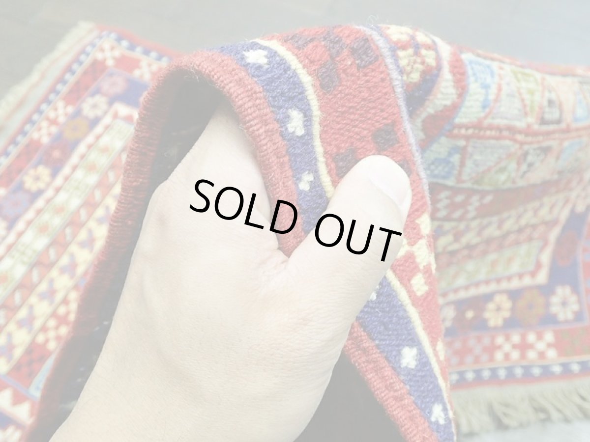 画像8: ペルシャ キリム グーチャン 1m 玄関 マット サイズ 102 x 53 cm S146 スマック 手織り トライバル ラグ 天然 ウール マット 絨毯 カーペット カラフル ボーダー (8)