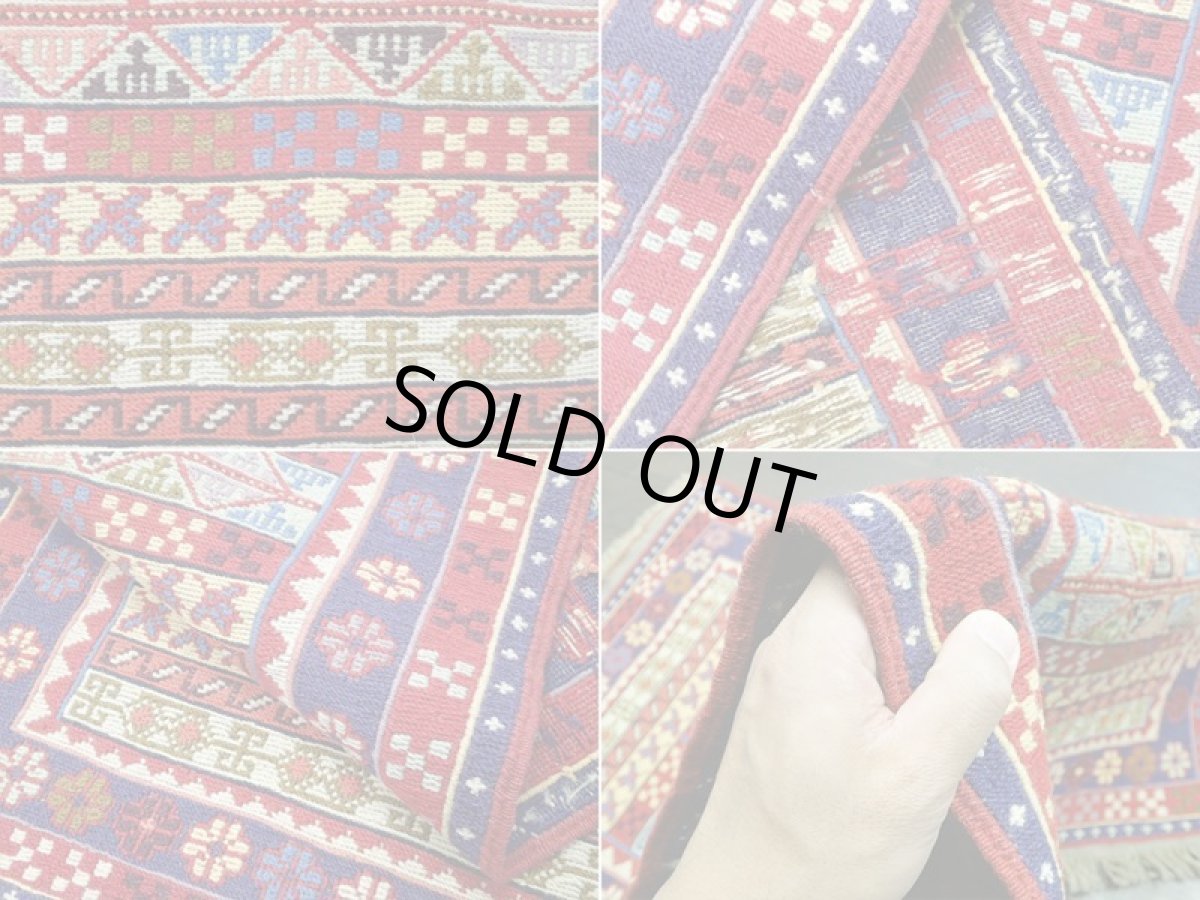 画像11: ペルシャ キリム グーチャン 1m 玄関 マット サイズ 102 x 53 cm S146 スマック 手織り トライバル ラグ 天然 ウール マット 絨毯 カーペット カラフル ボーダー (11)