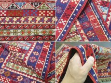 画像11: ペルシャ キリム グーチャン 1m 玄関 マット サイズ 102 x 53 cm S146 スマック 手織り トライバル ラグ 天然 ウール マット 絨毯 カーペット カラフル ボーダー (11)