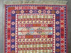 画像1: ペルシャ キリム グーチャン 1m 玄関 マット サイズ 102 x 53 cm S146 スマック 手織り トライバル ラグ 天然 ウール マット 絨毯 カーペット カラフル ボーダー (1)