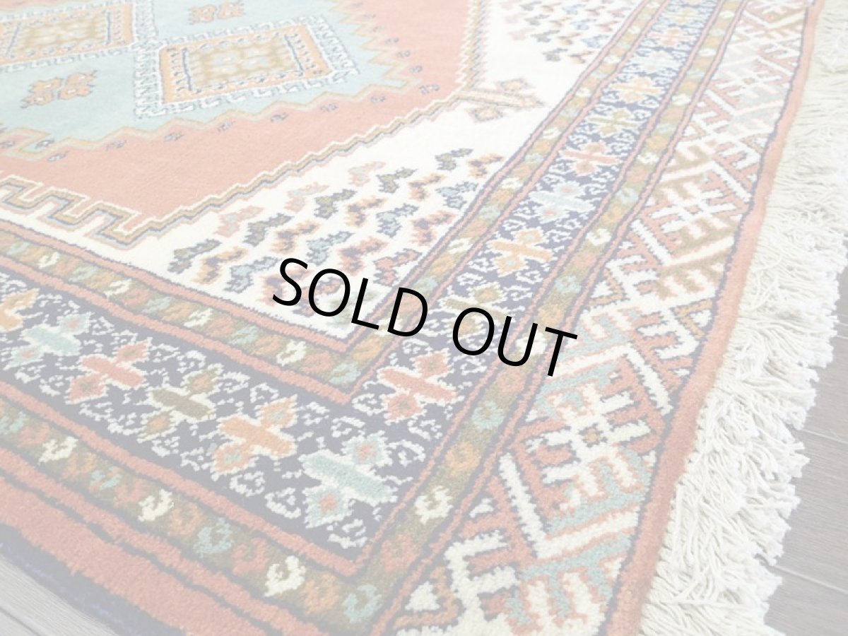 画像7: 新品 ペルシャ 絨毯 トルクメン 1.4m アクセント サイズ 143 x 98 cm E37 トライバル ラグ 天然 ウール 敷物 マット カーペット 茶 オレンジ クリーム 白  エメラルドグリーン 民族 柄 (7)