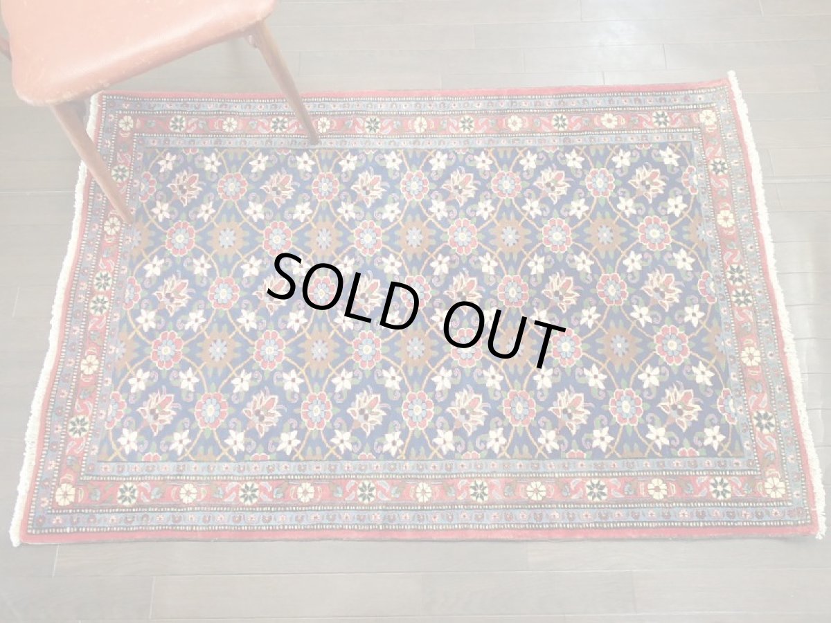 画像3: ペルシャ 絨毯 ハマダン 1.6m センター サイズ 156 x 105 cm 27 トライバル ラグ 天然 ウール 敷物 マット カーペット 青 赤 花柄 (3)