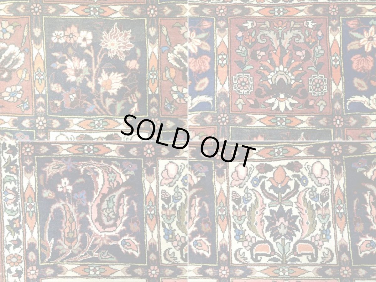 画像15: オールド ペルシャ 絨毯 バクティアリ 2.3m センター ソファ サイズ 225 x 143 cm 16C 手織り トライバル ラグ 天然 ウール 敷物 マット カーペット クリーム 茶 エンジ 紺 カラフル ブロック 花柄 庭園 ヴィンテージ OLD (15)