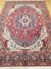 画像6: オールド ペルシャ 絨毯 タブリーズ 3m リビング ダイニング 大判 サイズ 302 x 210 cm f237 手織り トライバル ラグ 天然 ウール 敷物 マット カーペット 紺 赤 メダリオン 草木 花 柄 ヴィンテージ OLD (6)