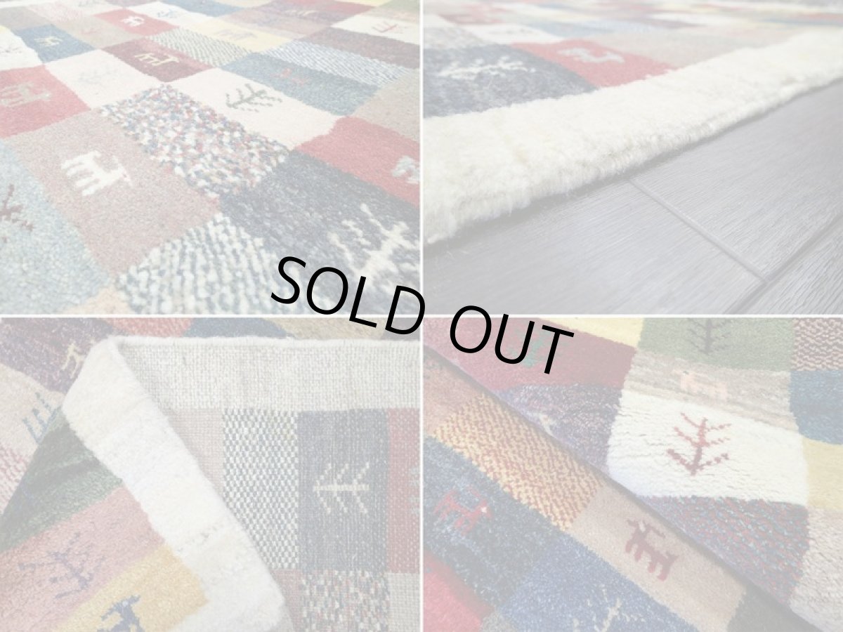 画像14: 新品 ペルシャ ギャッベ 1.3m アクセント サイズ 130 x 88 cm f1 ハンドメイド ギャベ 手織り トライバル ラグ 天然 ウール 敷物 マット カーペット クリーム カラフル マルチカラー 木 動物 パッチワーク柄 (14)