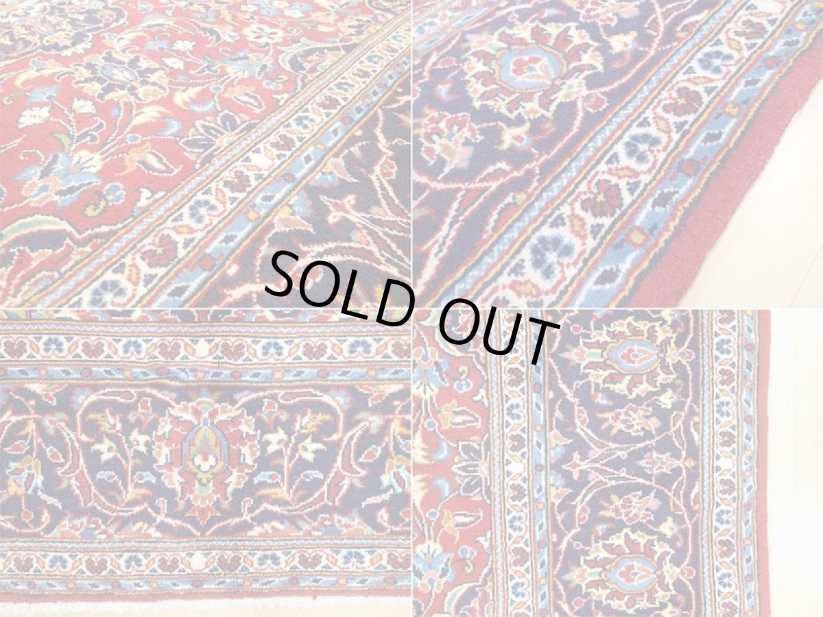 画像18: オールド ペルシャ 絨毯 カシャーン 2.9m リビング ダイニング 大判 サイズ 284 x 210 cm 42 手織り トライバル ラグ 天然 ウール 敷物 マット カーペット 赤 紺 メダリオン 草木 花 柄 ヴィンテージ (18)