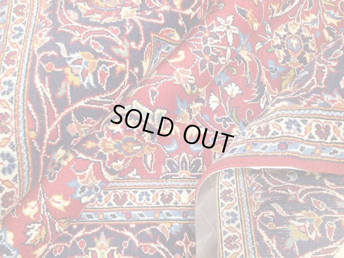 画像14: オールド ペルシャ 絨毯 カシャーン 2.9m リビング ダイニング 大判 サイズ 284 x 210 cm 42 手織り トライバル ラグ 天然 ウール 敷物 マット カーペット 赤 紺 メダリオン 草木 花 柄 ヴィンテージ (14)