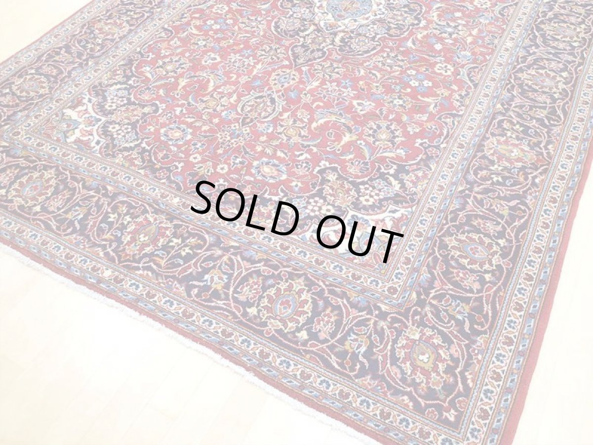 画像10: オールド ペルシャ 絨毯 カシャーン 2.9m リビング ダイニング 大判 サイズ 284 x 210 cm 42 手織り トライバル ラグ 天然 ウール 敷物 マット カーペット 赤 紺 メダリオン 草木 花 柄 ヴィンテージ (10)