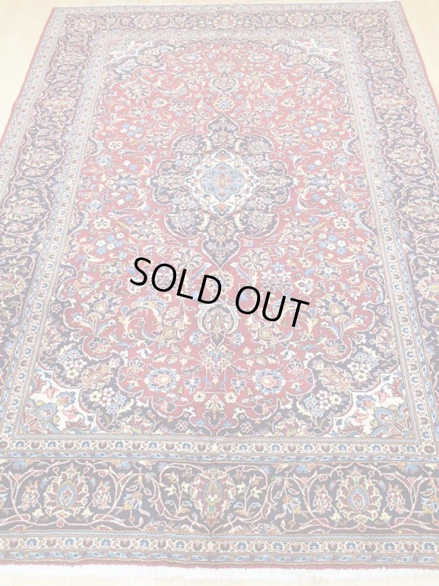 画像6: オールド ペルシャ 絨毯 カシャーン 2.9m リビング ダイニング 大判 サイズ 284 x 210 cm 42 手織り トライバル ラグ 天然 ウール 敷物 マット カーペット 赤 紺 メダリオン 草木 花 柄 ヴィンテージ (6)