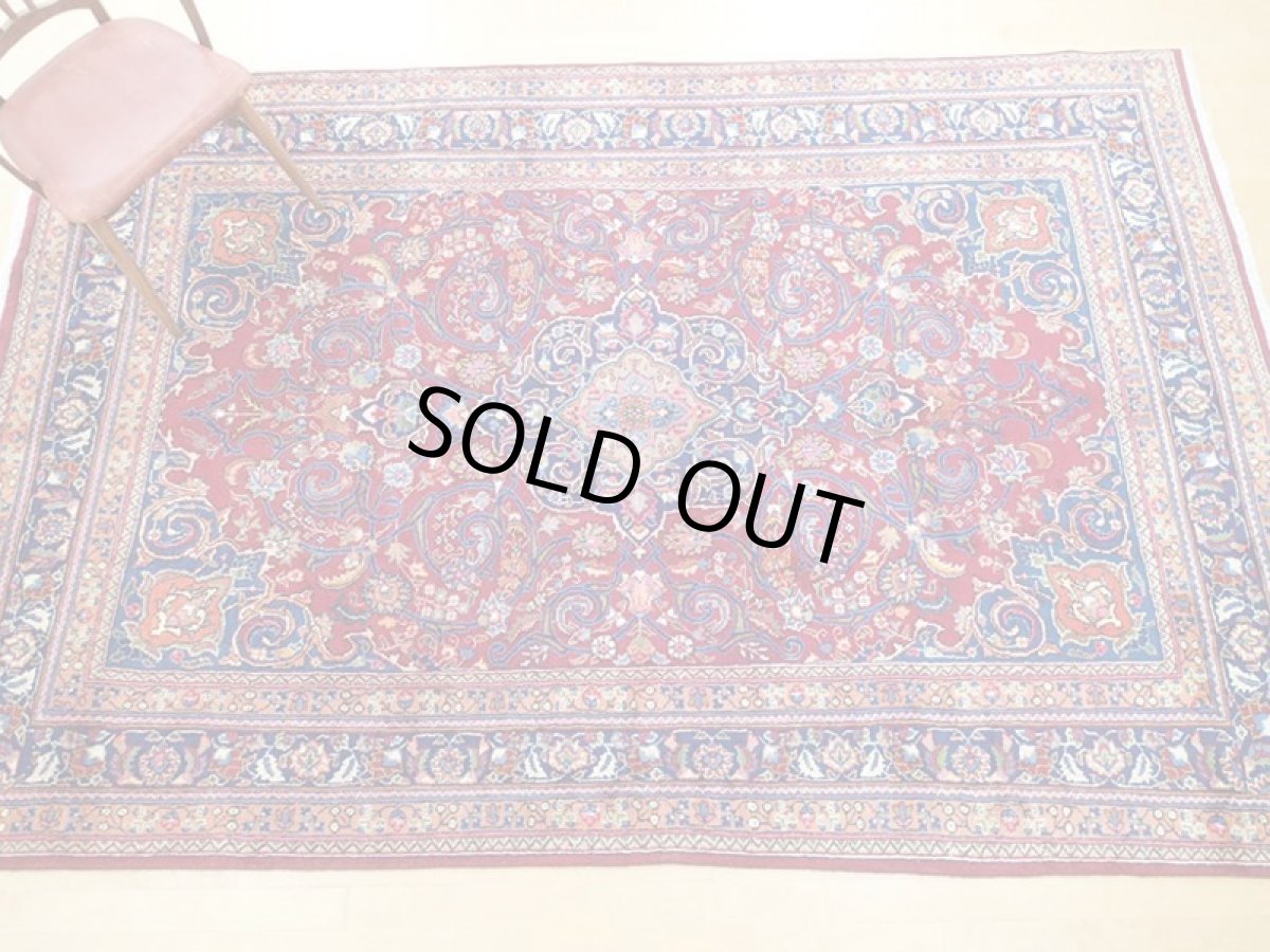 画像4: オールド ペルシャ 絨毯 マシュハド 3m リビング ダイニング 大判 サイズ  300 x 200cm f219 手織り トライバル ラグ 天然 ウール 敷物 マット カーペット 紺 赤 オレンジ メダリオン 草木 花 柄 ヴィンテージ ビンテージ OLD (4)