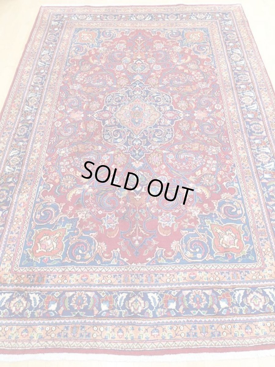 画像6: オールド ペルシャ 絨毯 マシュハド 3m リビング ダイニング 大判 サイズ  300 x 200cm f219 手織り トライバル ラグ 天然 ウール 敷物 マット カーペット 紺 赤 オレンジ メダリオン 草木 花 柄 ヴィンテージ ビンテージ OLD (6)