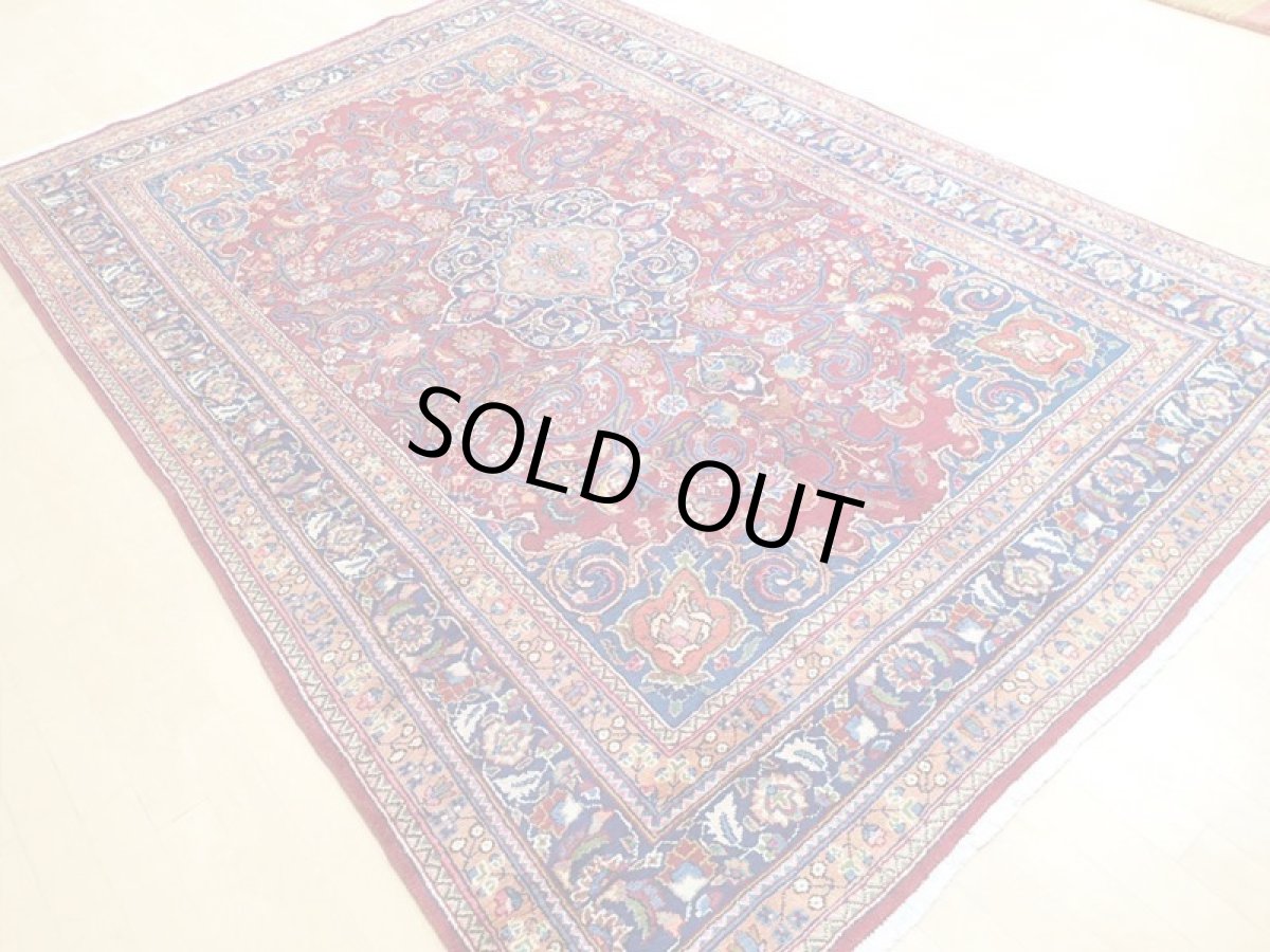 画像5: オールド ペルシャ 絨毯 マシュハド 3m リビング ダイニング 大判 サイズ  300 x 200cm f219 手織り トライバル ラグ 天然 ウール 敷物 マット カーペット 紺 赤 オレンジ メダリオン 草木 花 柄 ヴィンテージ ビンテージ OLD (5)