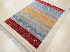 画像4: 新品 ペルシャ ギャッベ 2.1m リビング ダイニング サイズ 210 x 164 cm n204ハンドメイド ギャベ 手織り トライバル ラグ 天然 ウール 敷物 マット カーペット クリーム マルチカラー グラデーション (4)