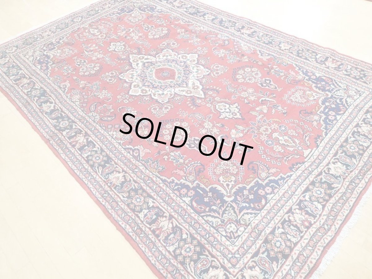 画像6: オールド ペルシャ 絨毯 マシュハド 3m リビング ダイニング 大判 サイズ  310 x 207 cm f211 手織り トライバル ラグ 天然 ウール 敷物 マット カーペット 紺 赤 メダリオン 草木 花 柄 ヴィンテージ ビンテージ OLD (6)