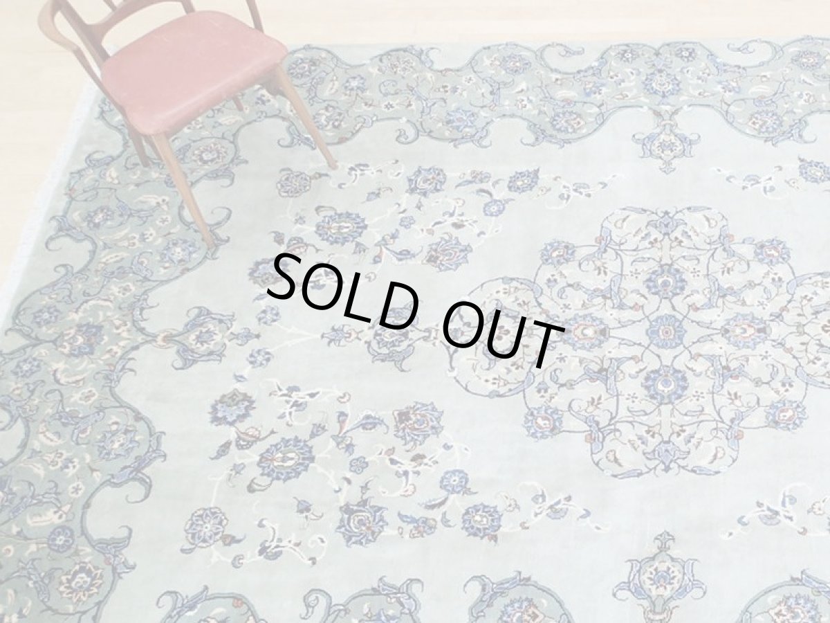 画像2: 美品 ペルシャ 絨毯 カシャーン 3.9m リビング ダイニング 大判 サイズ 386 x 243 cm n243 手織り トライバル ラグ 天然 ウール 敷物 マット カーペット エメラルドグリーン メダリオン 草木 花 ダルボリ 柄 ヴィンテージ ビンテージ (2)