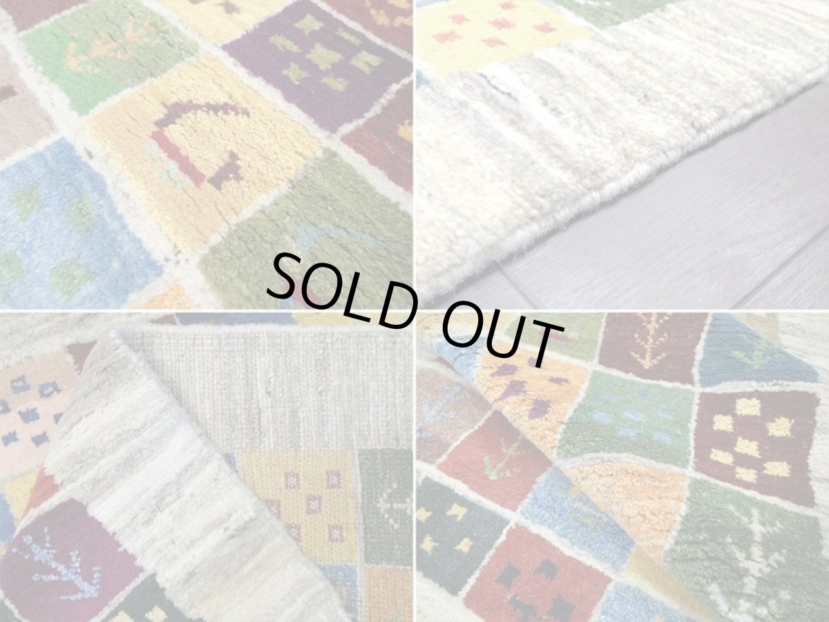 画像18: 新品 ペルシャ ギャッベ 1.2m アクセント サイズ 124 x 87 cm f210 ハンドメイド ギャベ 手織り トライバル ラグ 天然 ウール 敷物 マット カーペット クリーム カラフル マルチカラー 木 動物 パッチワーク柄 (18)