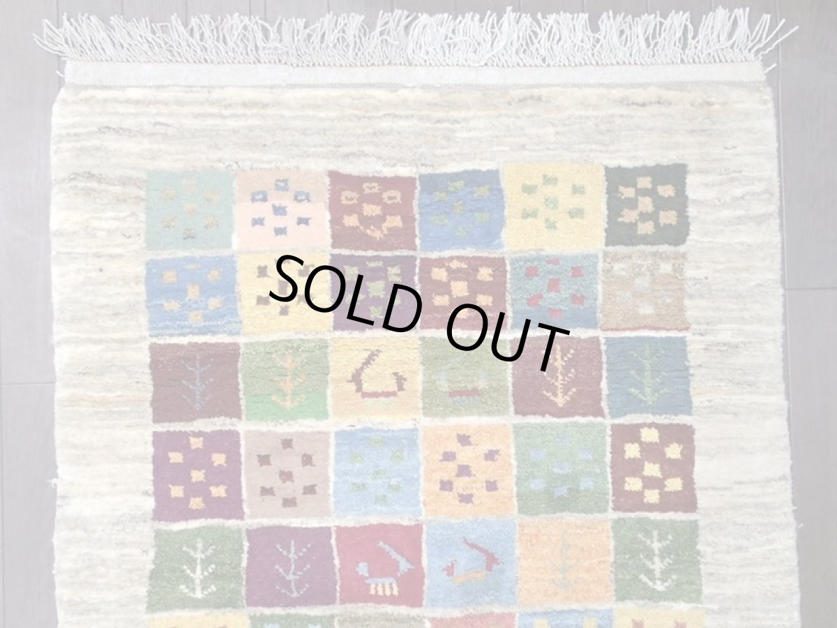 画像5: 新品 ペルシャ ギャッベ 1.2m アクセント サイズ 124 x 87 cm f210 ハンドメイド ギャベ 手織り トライバル ラグ 天然 ウール 敷物 マット カーペット クリーム カラフル マルチカラー 木 動物 パッチワーク柄 (5)