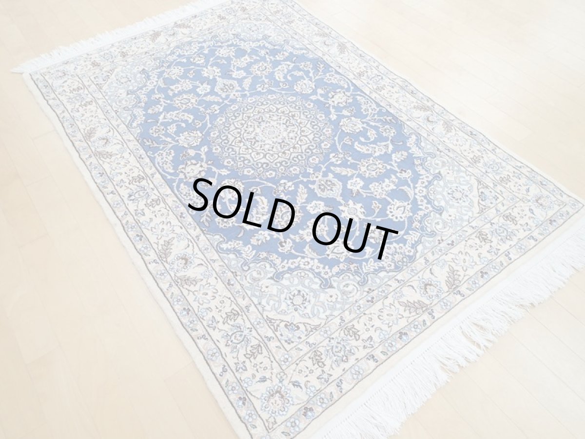 画像6: 新品 ペルシャ 絨毯 ナイン 9la ノーラー 1.5m センター ソファ サイズ 150 x 105 cm 91 ウール 手織り ラグ ハンドメイド カーペット 敷物 クラシック スタイル クリーム 生成り 白 青 (6)