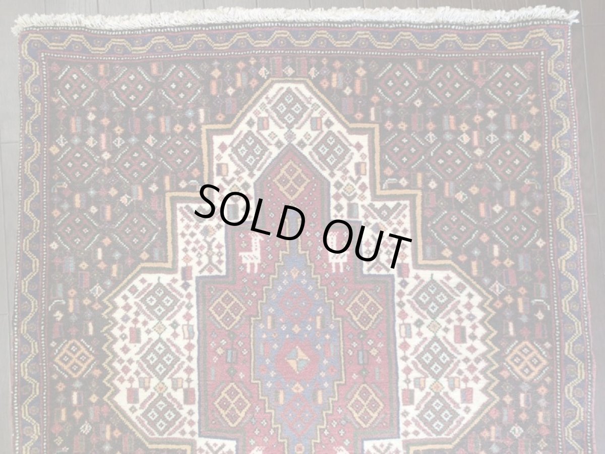 画像6: 新品 ペルシャ 絨毯 ハマダン 玄関 ドア マット サイズ 96 x 80 cm 13 ウール 天然 手織り トライバル ラグ 敷物 カーペット ブラック ネイビー 生成り 民族 動物 柄 (6)