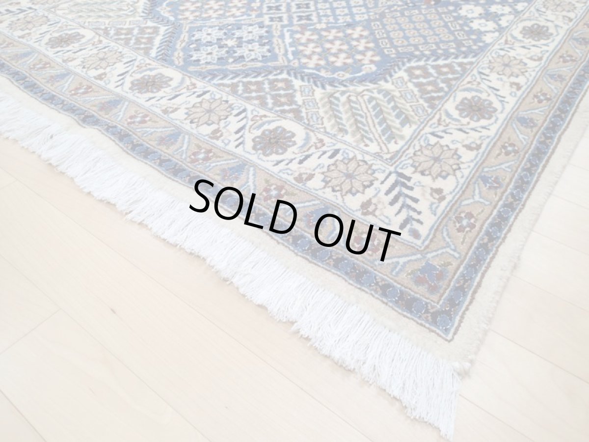 画像10: 美品 ペルシャ 絨毯 ナイン 9la ノーラー 2.2m センター ソファ サイズ 215 x 115 cm 176 ウール 手織り ラグ ハンドメイド カーペット 敷物 ジョーシャガン 柄 クリーム 生成り 青 (10)
