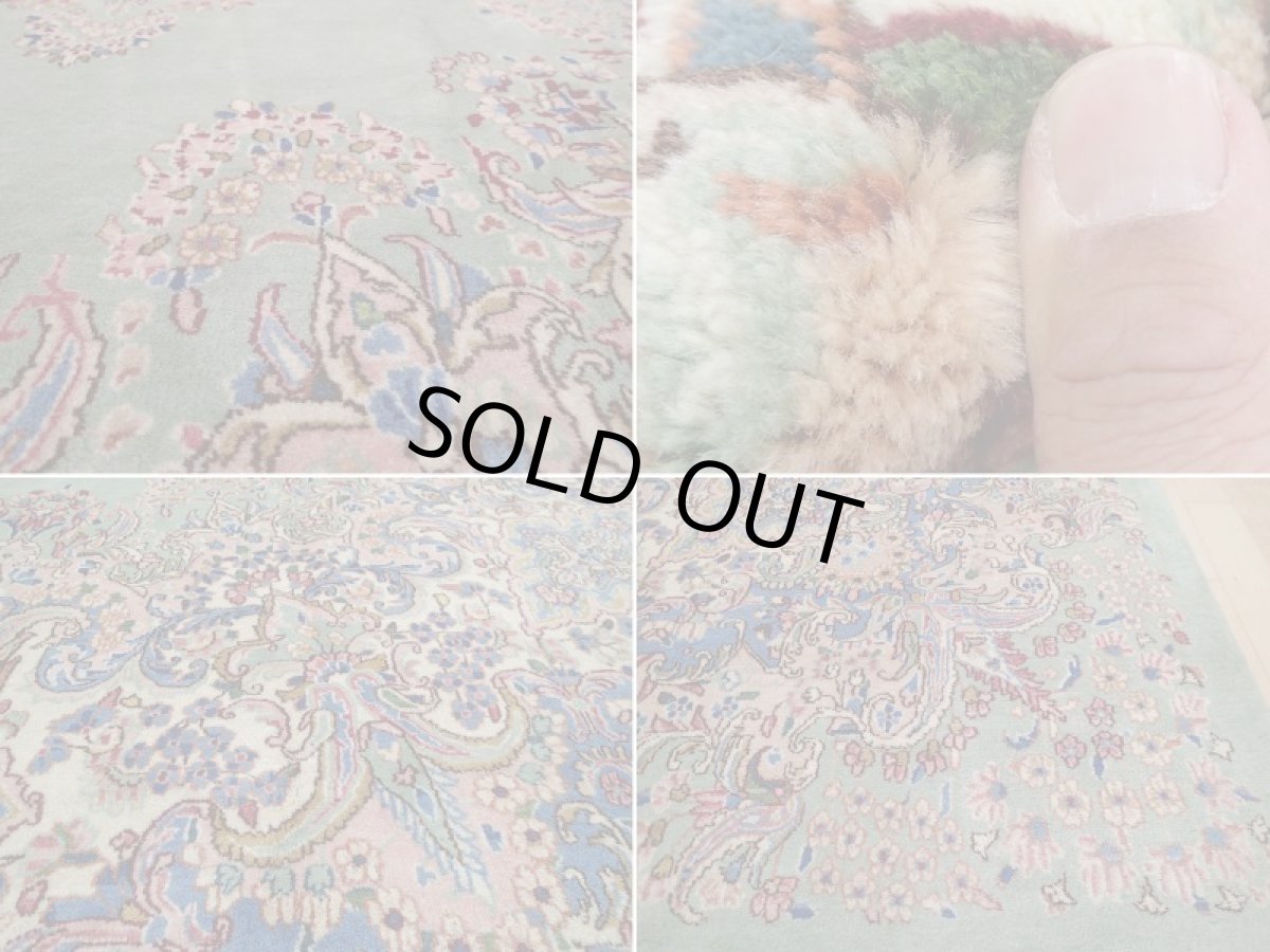 画像17: 美品 ペルシャ 絨毯 ケルマン産 工房名入 縦4m 横2.7m リビング ダイニング 10㎡ 10帖 3人掛けソファ コーナーソファ 大判 サイズ 398 x 268 cm No.202 天然 肉厚 ウール 手織り トライバル ラグ ハンドメイド マット カーペット エメラルドグリーン ヴィンテージ ビンテージ a-202-398268s0501-0051 (17)