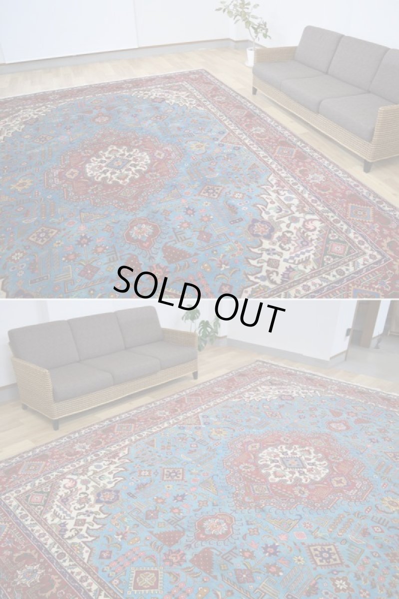 画像6: 良品 ペルシャ 絨毯 タブリーズ 縦4m 横3m 12㎡ 10帖 リビング ダイニング 3人掛けソファ コーナーソファ 大判 サイズ 395 x 300 cm No.F118 天然 ウール 手織り トライバル ラグ 敷物 マット カーペット メダリオン ヴィンテージ ビンテージ スカイブルー 大きなお部屋に b-F118-395300h047-269 (6)