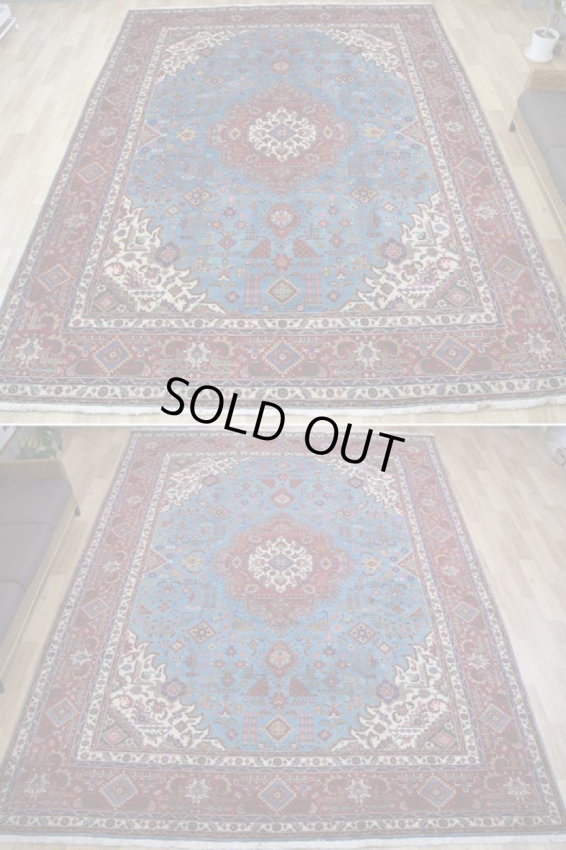 画像7: 良品 ペルシャ 絨毯 タブリーズ 縦4m 横3m 12㎡ 10帖 リビング ダイニング 3人掛けソファ コーナーソファ 大判 サイズ 395 x 300 cm No.F118 天然 ウール 手織り トライバル ラグ 敷物 マット カーペット メダリオン ヴィンテージ ビンテージ スカイブルー 大きなお部屋に b-F118-395300h047-269 (7)