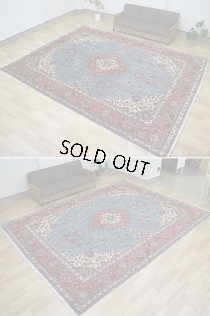 画像4: 良品 ペルシャ 絨毯 タブリーズ 縦4m 横3m 12㎡ 10帖 リビング ダイニング 3人掛けソファ コーナーソファ 大判 サイズ 395 x 300 cm No.F118 天然 ウール 手織り トライバル ラグ 敷物 マット カーペット メダリオン ヴィンテージ ビンテージ スカイブルー 大きなお部屋に b-F118-395300h047-269 (4)