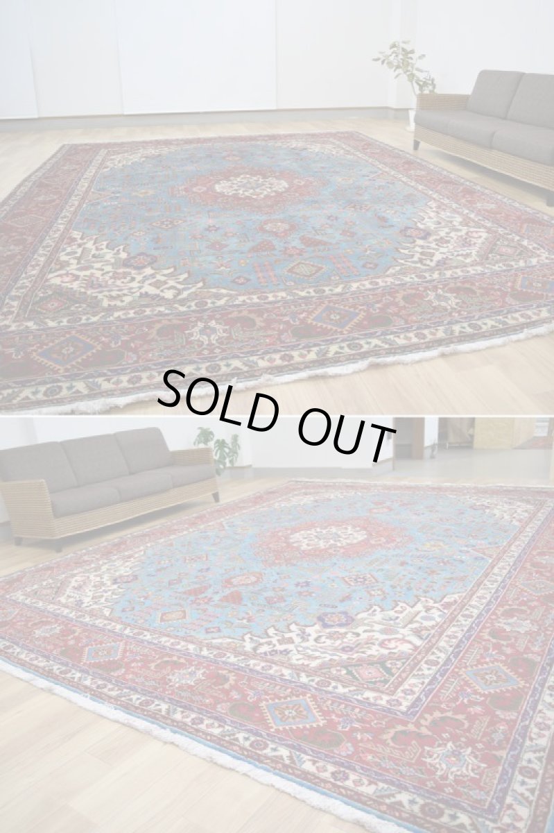 画像5: 良品 ペルシャ 絨毯 タブリーズ 縦4m 横3m 12㎡ 10帖 リビング ダイニング 3人掛けソファ コーナーソファ 大判 サイズ 395 x 300 cm No.F118 天然 ウール 手織り トライバル ラグ 敷物 マット カーペット メダリオン ヴィンテージ ビンテージ スカイブルー 大きなお部屋に b-F118-395300h047-269 (5)