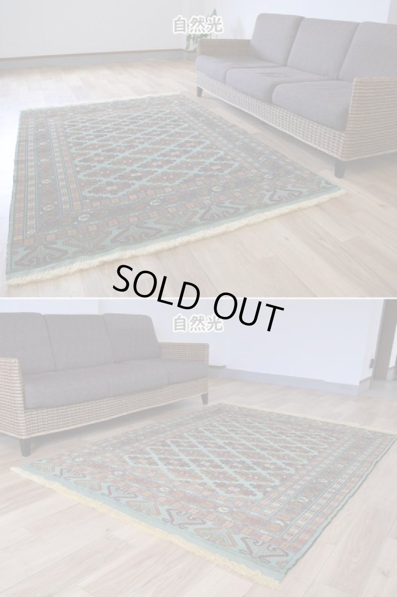 画像5: 新品 ペルシャ 絨毯 トルクメン 縦2m 3㎡ ~3帖 リビング ダイニング 3人掛けソファ サイズ 190 x 136 cm No.519 草木染 ウール 手織り ハンドメイド トライバル ラグ カーペット グリーン 幾何学模様 民族柄 フリンジキリム (5)