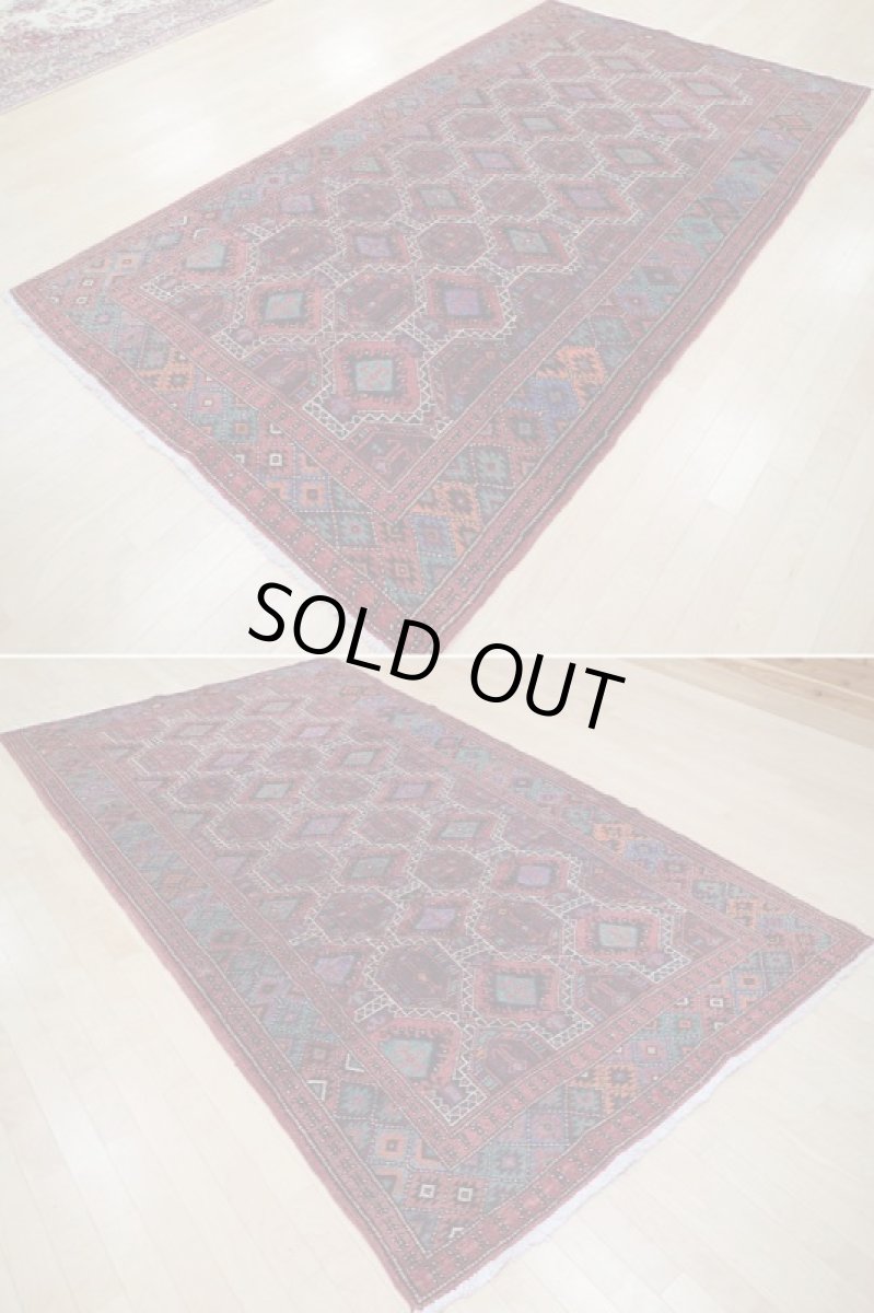 画像6: 良品 ペルシャ 絨毯 トルクメン 縦3m 横1.7m 5㎡ 6帖 リビング ダイニング 3人掛けソファ サイズ 300 x 170 cm No.A174 天然 ウール 手織り ハンドメイド トライバル ラグ マット カーペット 赤 エンジ インディゴブルー 幾何学模様 民族柄 ビンテージ ヴィンテージ b-A174-300170h864-063 (6)