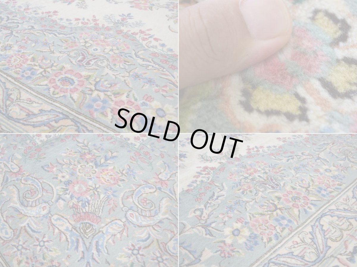 画像16: 美品 ペルシャ 絨毯 ケルマン 産 縦3.4m 横2.5m 8.5㎡ 6帖 リビング ダイニング 客室 3人掛けソファ コーナーソファ 大判 サイズ 338 x 250 cm No.256 天然 ウール 手織り ハンドメイド ラグ マット カーペット 生成り色 エメラルドグリーン 大きなお部屋に 中古品に抵抗のある方にもお勧めです (16)