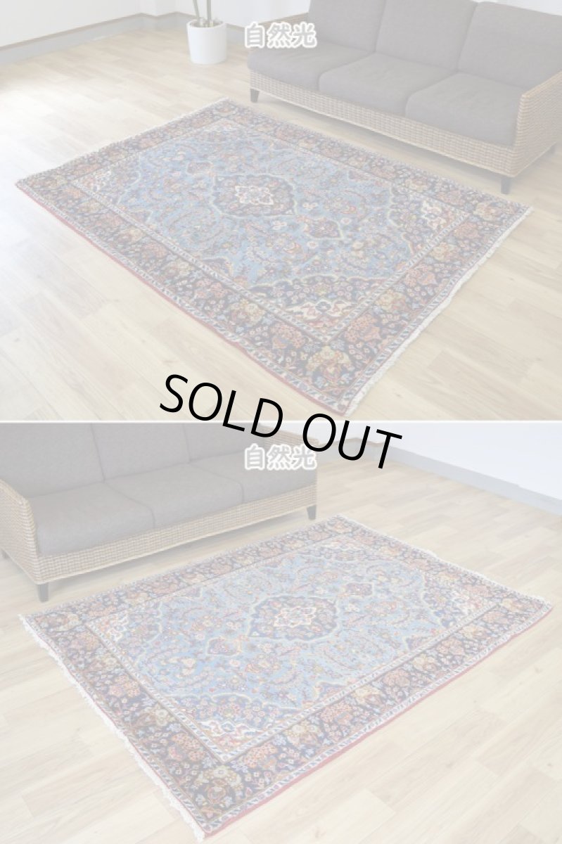 画像5: 良品 ペルシャ 絨毯 ヤズド 縦2.1m 横1.5m 3㎡ 〜3帖 リビング ダイニング 2〜3人掛けソファ センターテーブル サイズ 203 x 149 cm No.E131 天然 肉厚 ウール 手織り トライバル ラグ 敷物 マット カーペット ヴィンテージ ビンテージ  水色 赤 b-e131-203149h024-055 (5)