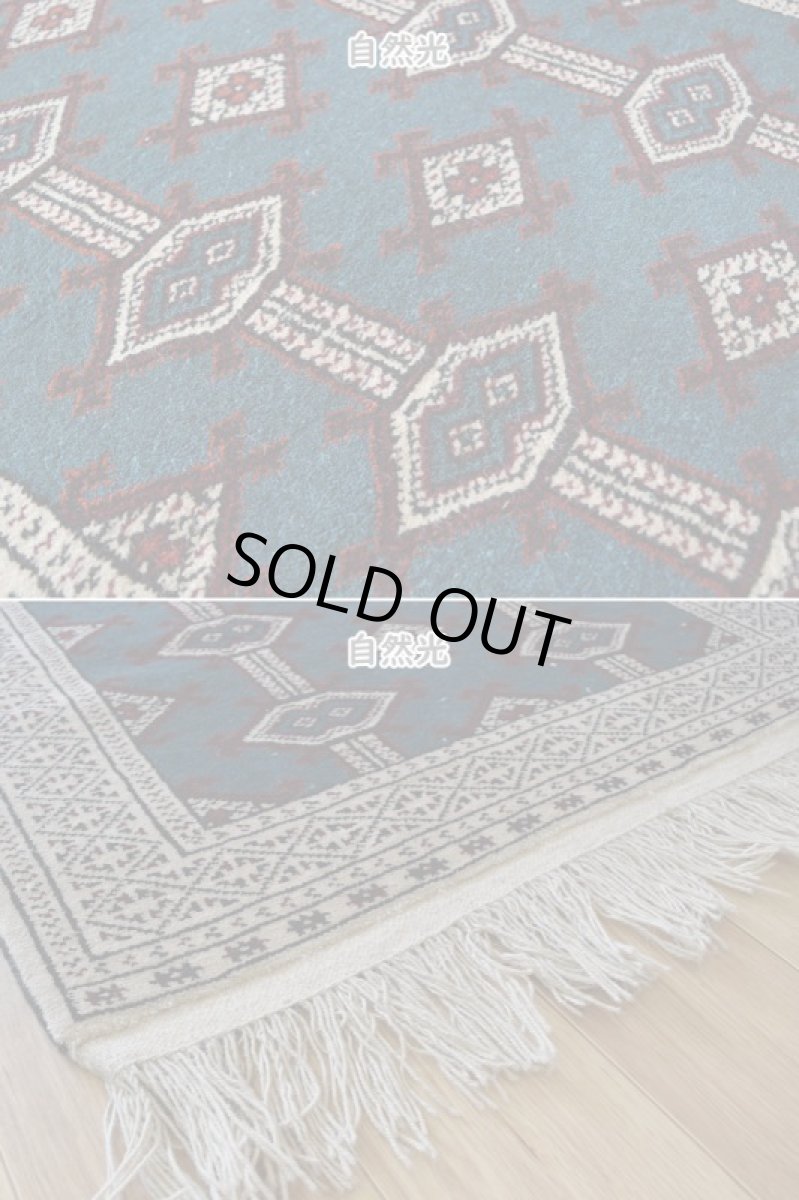 画像8: 新品 ペルシャ 部族絨毯 トルクメン 縦1.2m 横0.8m アクセント ラグ サイズ 120 x 80 cm No.F135 天然 肉厚 ウール 手織り ハンドメイド トライバル ラグ マット カーペット ターコイズ 緑 グリーン ギュル 幾何学模様 民族柄 n-f135-120080h001 (8)