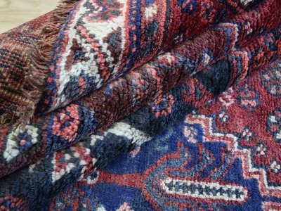 画像2: 良品 ペルシャ 部族絨毯 シラーズ No.AD600 - 226 x 155 cm ウール 手織り トライバルラグ 赤 ネイビー b-ad600-226155h594546