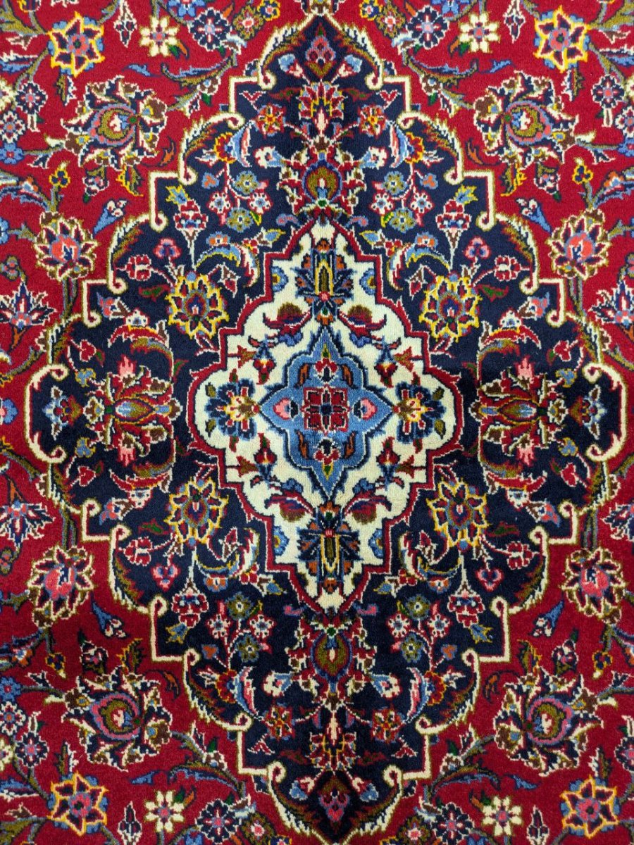 画像3: 良品 ペルシャ 絨毯 カシャーン 産  縦3m 横2m 6㎡ 〜6帖程度 リビング ダイニング 3人掛けソファ コーナーソファ 大判 サイズ 300 x 205 cm 天然 コルクウール 手織り ラグ 敷物 カーペット メダリオン 赤 濃紺 ヴィンテージ ビンテージ MA1976-300205Z050 (3)