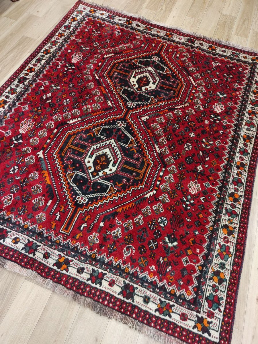 画像16: 良品 ペルシャ 部族絨毯 シラーズ 196 x 160 cm ウール 手織り 赤 ネイビー 青  縦1.9m 横1.6m 3.0m 2 〜3帖 リビング ダイニング 3人掛けソファ サイズ ウール 手織り トライバル ラグ 部族絨毯 マット カーペット 淡マルチカラー トランジ ビンテージ MAAD501-196160Z037 (16)